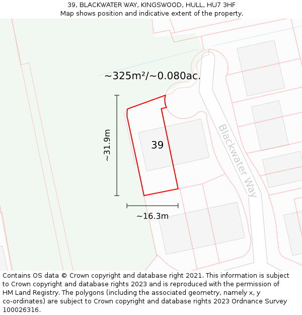 39, BLACKWATER WAY, KINGSWOOD, HULL, HU7 3HF: Plot and title map