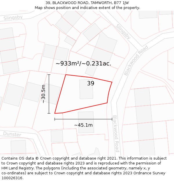 39, BLACKWOOD ROAD, TAMWORTH, B77 1JW: Plot and title map