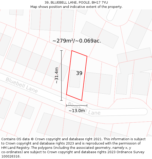 39, BLUEBELL LANE, POOLE, BH17 7YU: Plot and title map