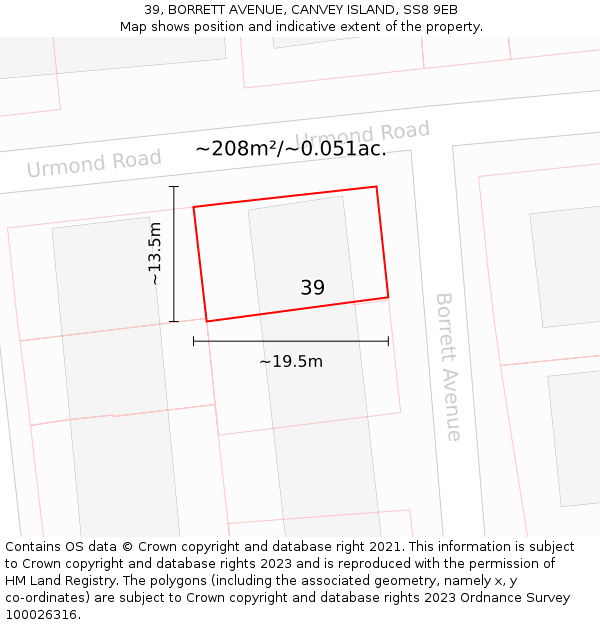 39, BORRETT AVENUE, CANVEY ISLAND, SS8 9EB: Plot and title map