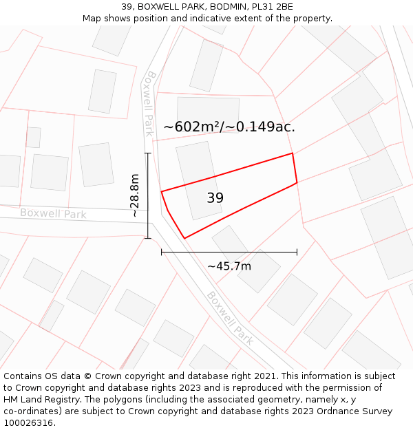 39, BOXWELL PARK, BODMIN, PL31 2BE: Plot and title map