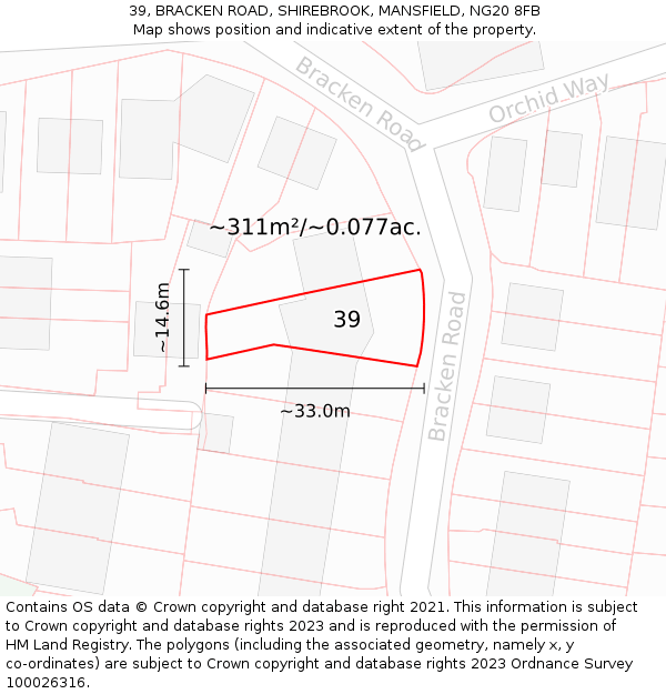 39, BRACKEN ROAD, SHIREBROOK, MANSFIELD, NG20 8FB: Plot and title map