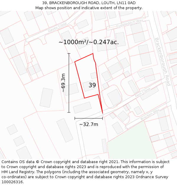 39, BRACKENBOROUGH ROAD, LOUTH, LN11 0AD: Plot and title map