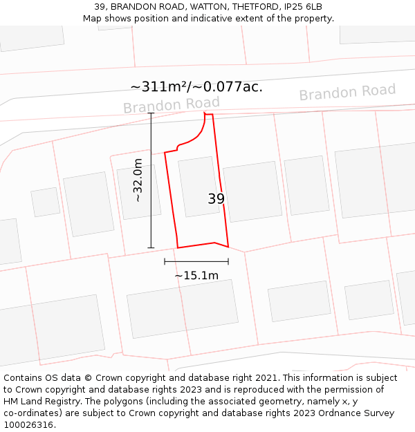 39, BRANDON ROAD, WATTON, THETFORD, IP25 6LB: Plot and title map