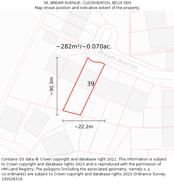 39, BREAM AVENUE, CLECKHEATON, BD19 5EN: Plot and title map