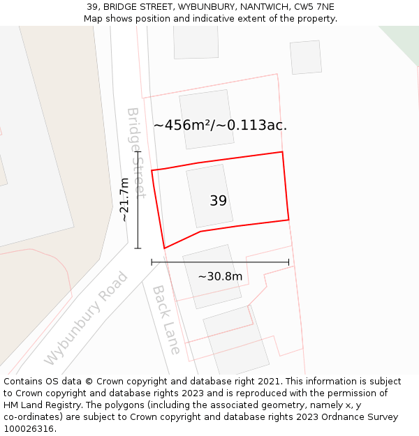 39, BRIDGE STREET, WYBUNBURY, NANTWICH, CW5 7NE: Plot and title map