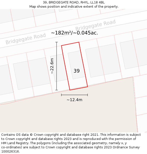 39, BRIDGEGATE ROAD, RHYL, LL18 4BL: Plot and title map