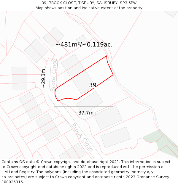 39, BROOK CLOSE, TISBURY, SALISBURY, SP3 6PW: Plot and title map