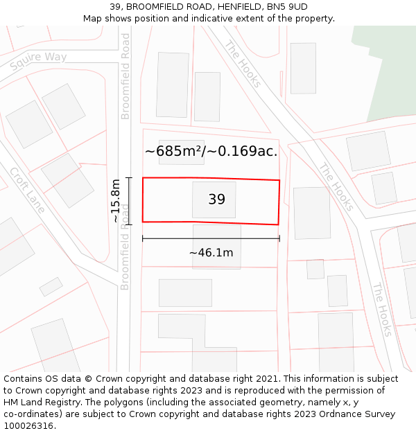 39, BROOMFIELD ROAD, HENFIELD, BN5 9UD: Plot and title map