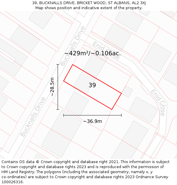 39, BUCKNALLS DRIVE, BRICKET WOOD, ST ALBANS, AL2 3XJ: Plot and title map