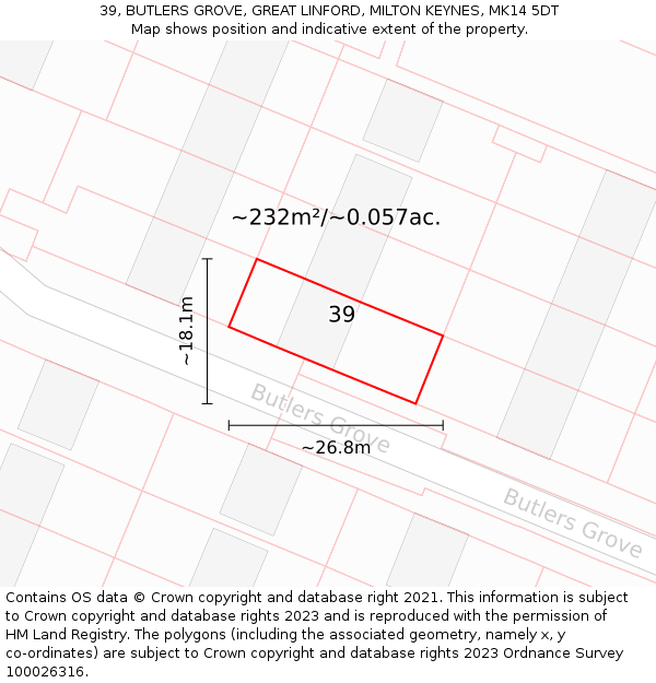 39, BUTLERS GROVE, GREAT LINFORD, MILTON KEYNES, MK14 5DT: Plot and title map