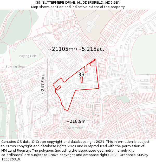 39, BUTTERMERE DRIVE, HUDDERSFIELD, HD5 9EN: Plot and title map