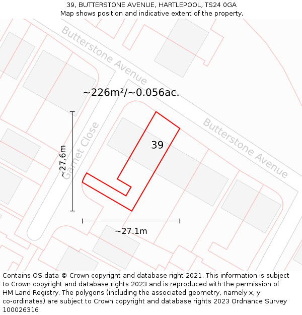 39, BUTTERSTONE AVENUE, HARTLEPOOL, TS24 0GA: Plot and title map