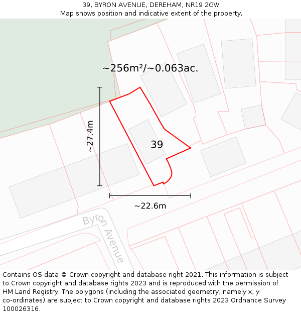39, BYRON AVENUE, DEREHAM, NR19 2GW: Plot and title map