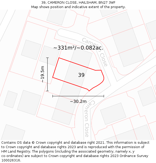 39, CAMERON CLOSE, HAILSHAM, BN27 3WF: Plot and title map