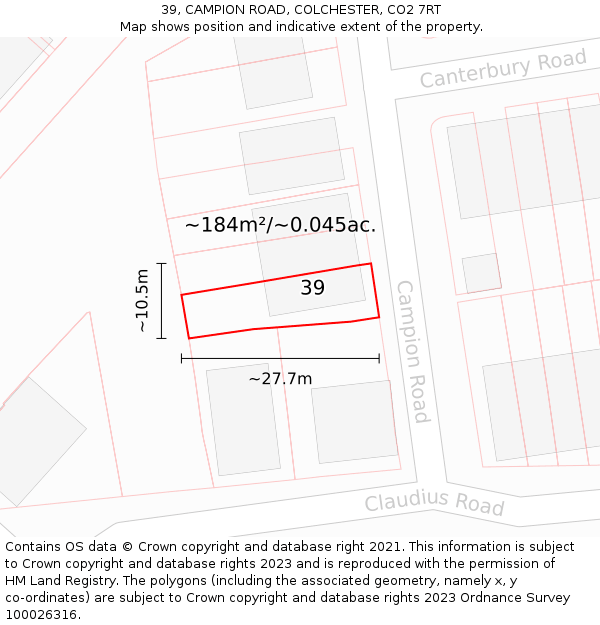 39, CAMPION ROAD, COLCHESTER, CO2 7RT: Plot and title map