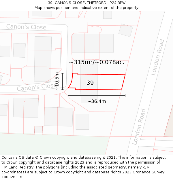 39, CANONS CLOSE, THETFORD, IP24 3PW: Plot and title map