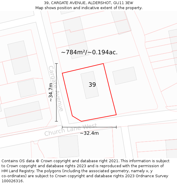 39, CARGATE AVENUE, ALDERSHOT, GU11 3EW: Plot and title map