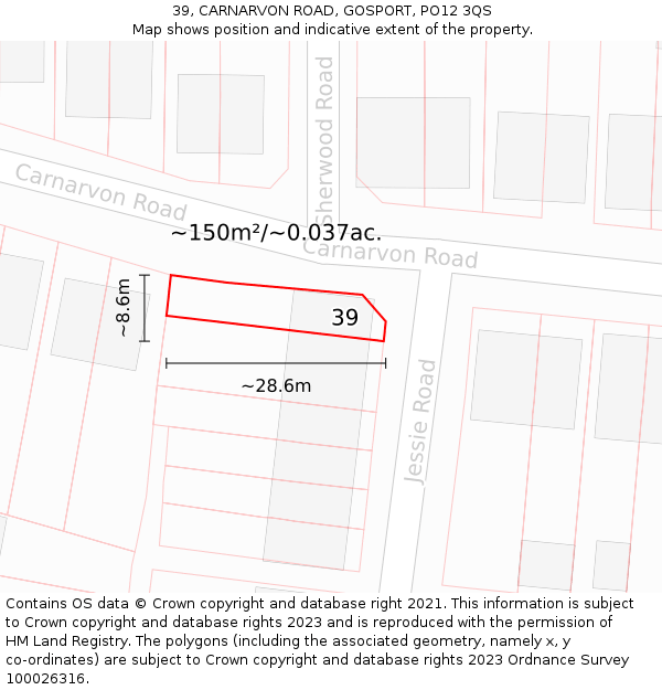 39, CARNARVON ROAD, GOSPORT, PO12 3QS: Plot and title map