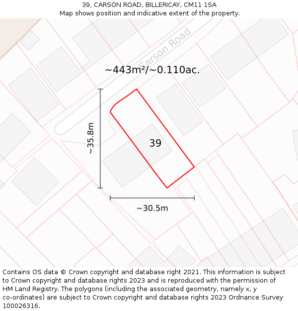 39, CARSON ROAD, BILLERICAY, CM11 1SA: Plot and title map