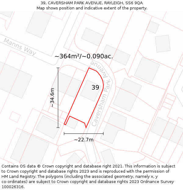 39, CAVERSHAM PARK AVENUE, RAYLEIGH, SS6 9QA: Plot and title map