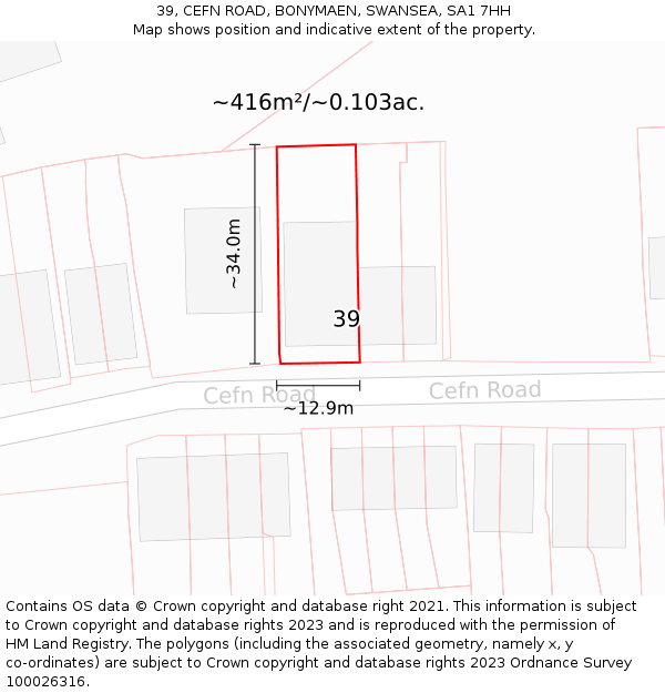 39, CEFN ROAD, BONYMAEN, SWANSEA, SA1 7HH: Plot and title map