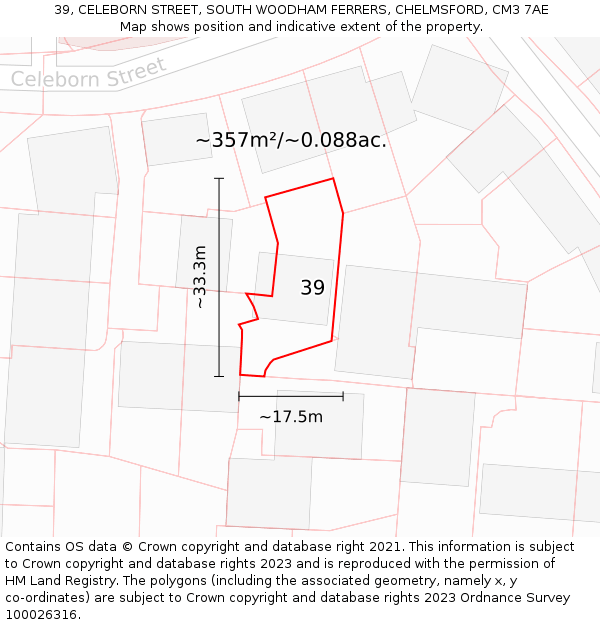 39, CELEBORN STREET, SOUTH WOODHAM FERRERS, CHELMSFORD, CM3 7AE: Plot and title map