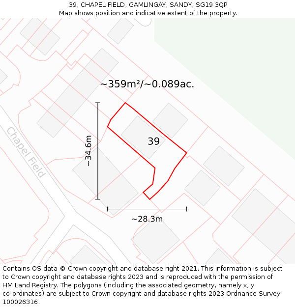 39, CHAPEL FIELD, GAMLINGAY, SANDY, SG19 3QP: Plot and title map