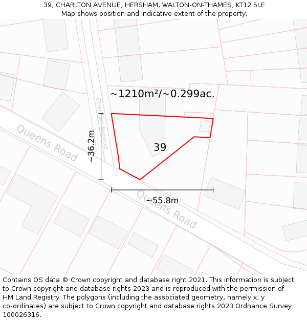 39, CHARLTON AVENUE, HERSHAM, WALTON-ON-THAMES, KT12 5LE: Plot and title map