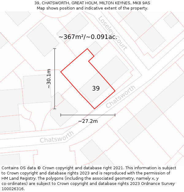 39, CHATSWORTH, GREAT HOLM, MILTON KEYNES, MK8 9AS: Plot and title map