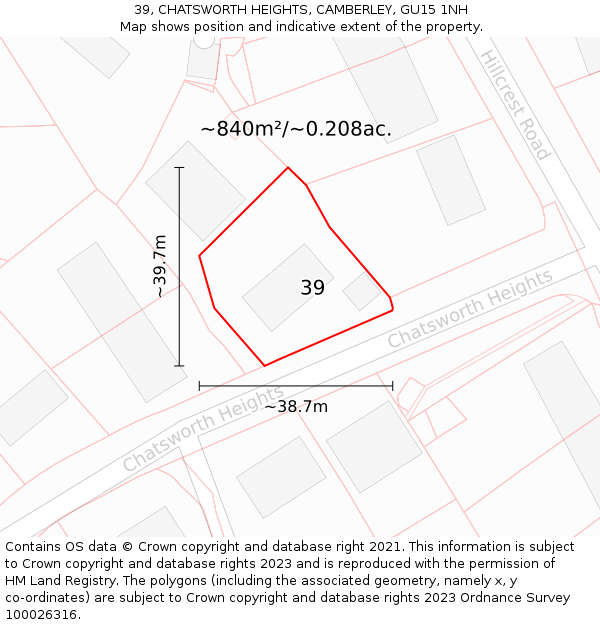 39, CHATSWORTH HEIGHTS, CAMBERLEY, GU15 1NH: Plot and title map