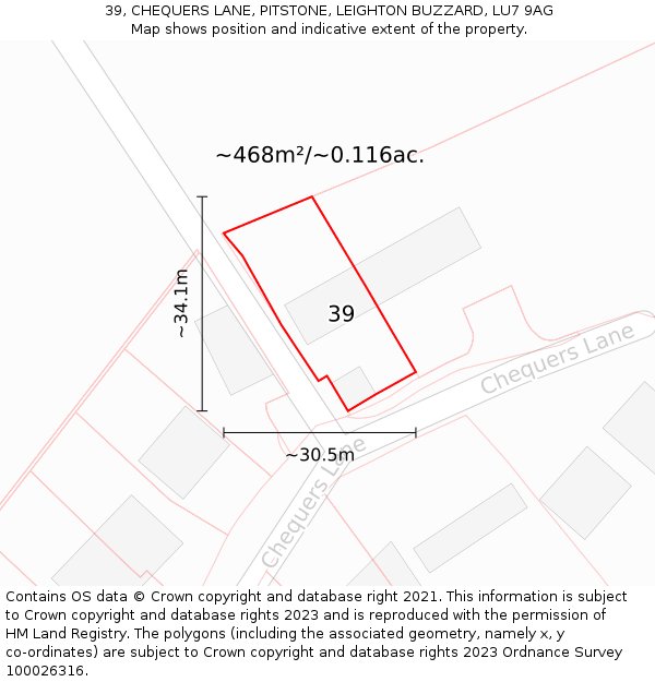 39, CHEQUERS LANE, PITSTONE, LEIGHTON BUZZARD, LU7 9AG: Plot and title map