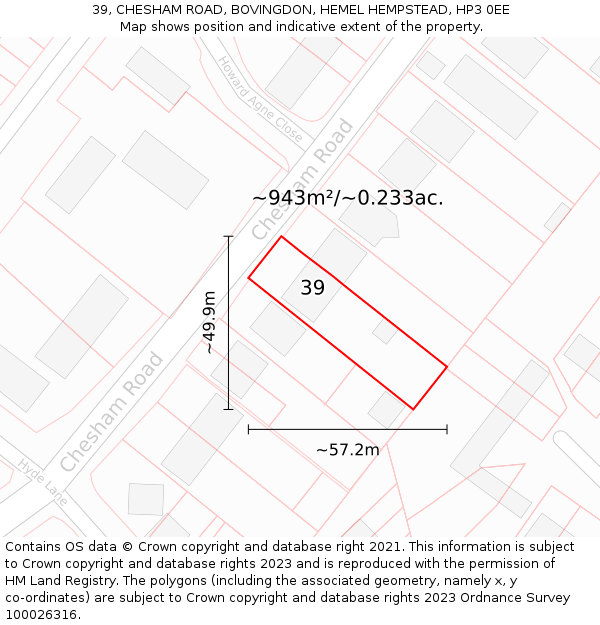 39, CHESHAM ROAD, BOVINGDON, HEMEL HEMPSTEAD, HP3 0EE: Plot and title map