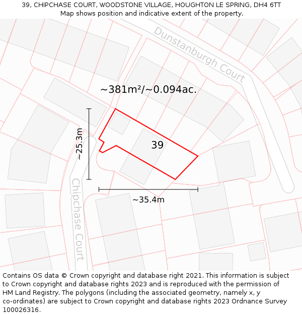 39, CHIPCHASE COURT, WOODSTONE VILLAGE, HOUGHTON LE SPRING, DH4 6TT: Plot and title map