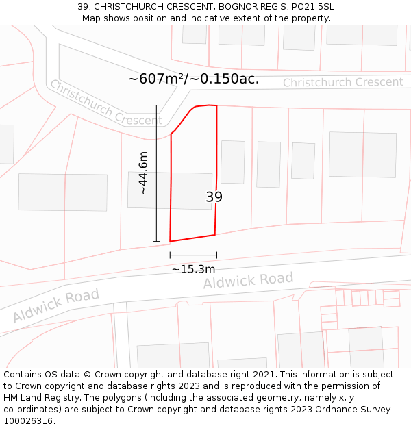 39, CHRISTCHURCH CRESCENT, BOGNOR REGIS, PO21 5SL: Plot and title map