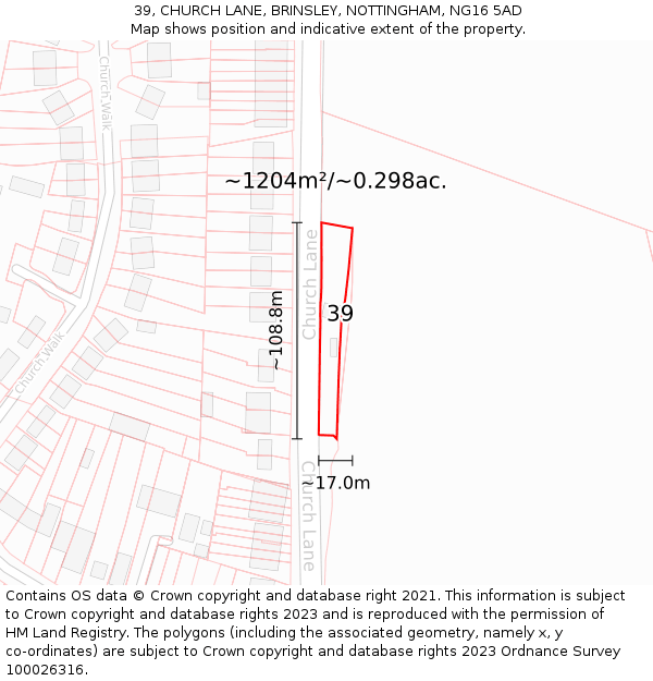 39, CHURCH LANE, BRINSLEY, NOTTINGHAM, NG16 5AD: Plot and title map