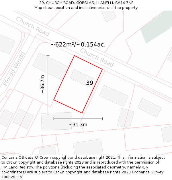 39, CHURCH ROAD, GORSLAS, LLANELLI, SA14 7NF: Plot and title map