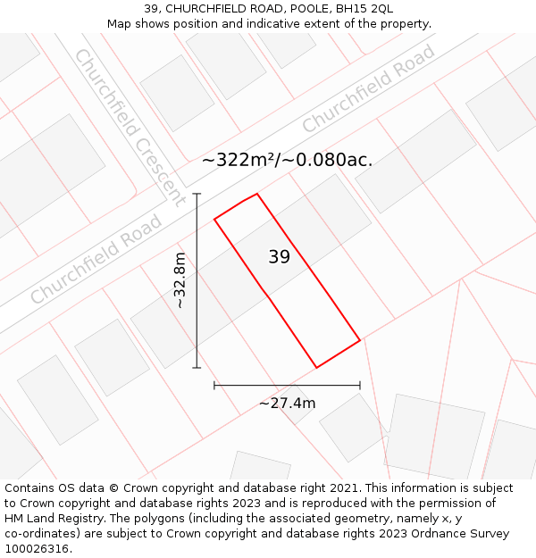 39, CHURCHFIELD ROAD, POOLE, BH15 2QL: Plot and title map