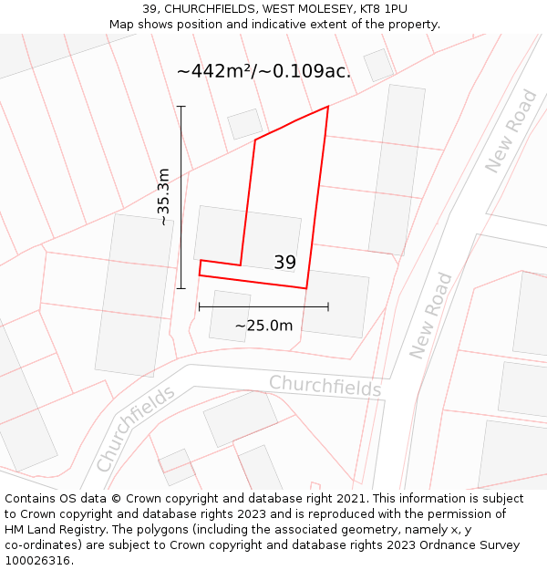 39, CHURCHFIELDS, WEST MOLESEY, KT8 1PU: Plot and title map