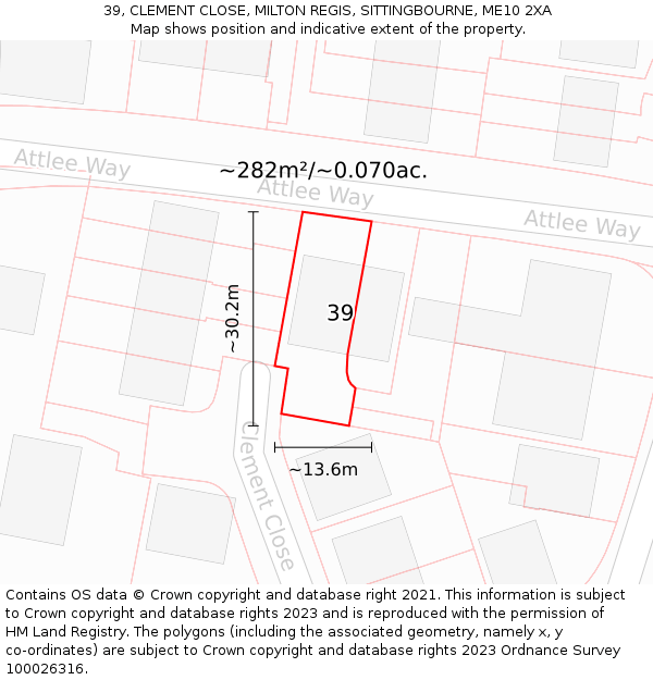 39, CLEMENT CLOSE, MILTON REGIS, SITTINGBOURNE, ME10 2XA: Plot and title map