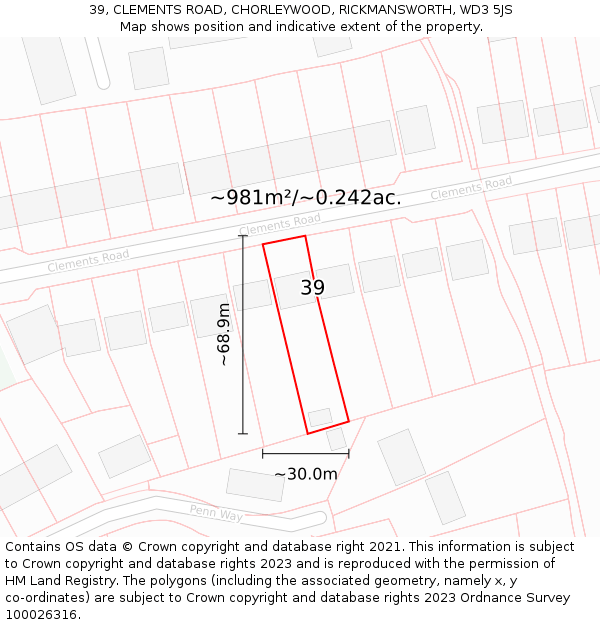 39, CLEMENTS ROAD, CHORLEYWOOD, RICKMANSWORTH, WD3 5JS: Plot and title map