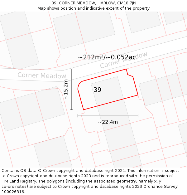 39, CORNER MEADOW, HARLOW, CM18 7JN: Plot and title map