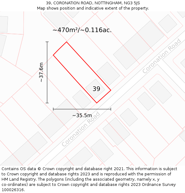 39, CORONATION ROAD, NOTTINGHAM, NG3 5JS: Plot and title map