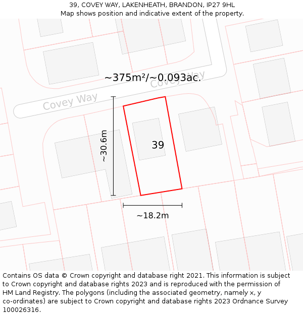 39, COVEY WAY, LAKENHEATH, BRANDON, IP27 9HL: Plot and title map