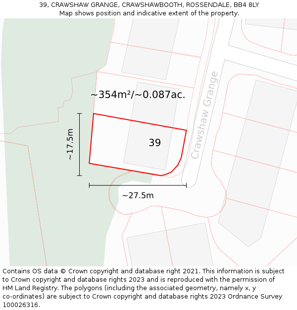 39, CRAWSHAW GRANGE, CRAWSHAWBOOTH, ROSSENDALE, BB4 8LY: Plot and title map