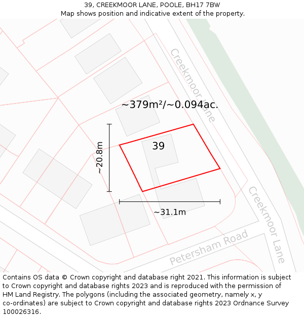 39, CREEKMOOR LANE, POOLE, BH17 7BW: Plot and title map