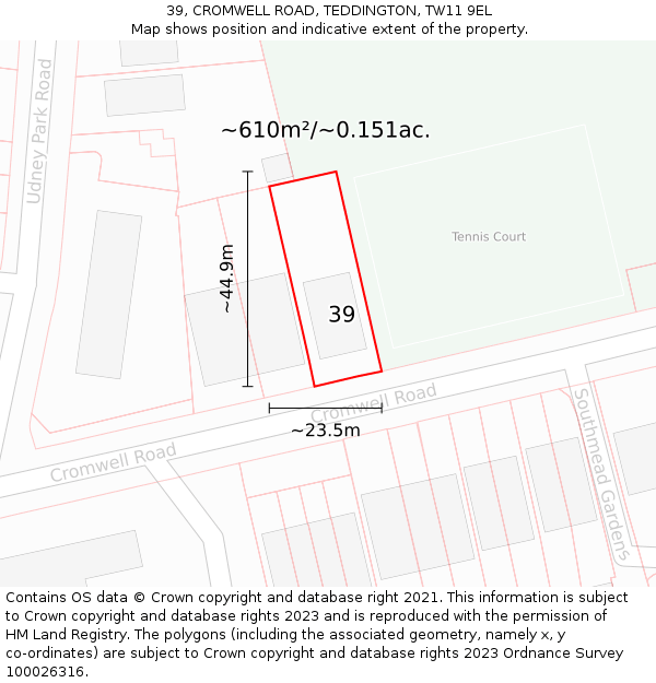 39, CROMWELL ROAD, TEDDINGTON, TW11 9EL: Plot and title map