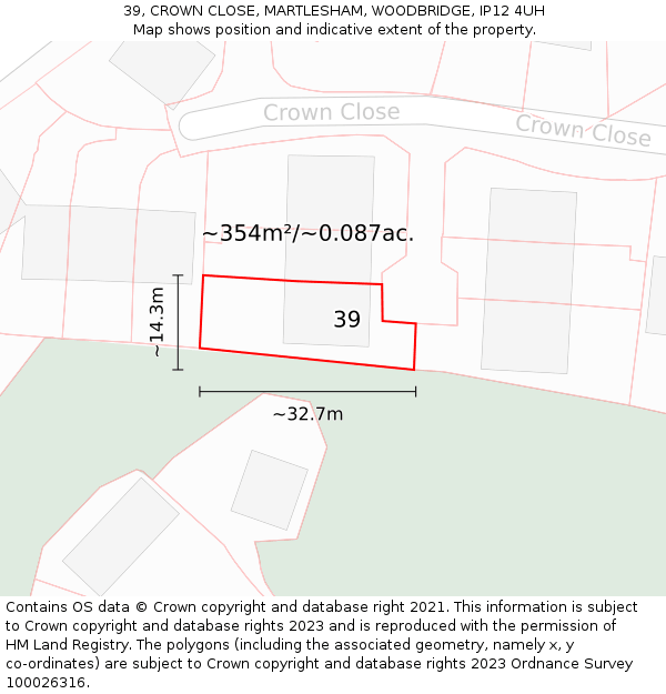 39, CROWN CLOSE, MARTLESHAM, WOODBRIDGE, IP12 4UH: Plot and title map