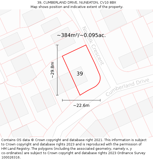 39, CUMBERLAND DRIVE, NUNEATON, CV10 8BX: Plot and title map