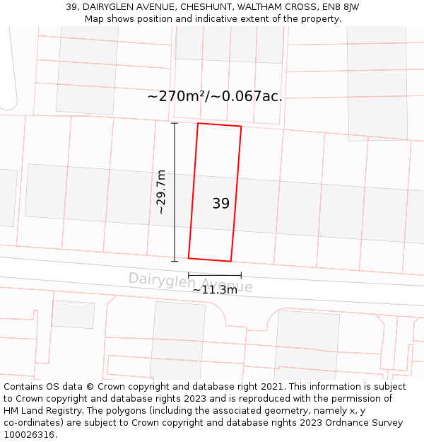 39, DAIRYGLEN AVENUE, CHESHUNT, WALTHAM CROSS, EN8 8JW: Plot and title map